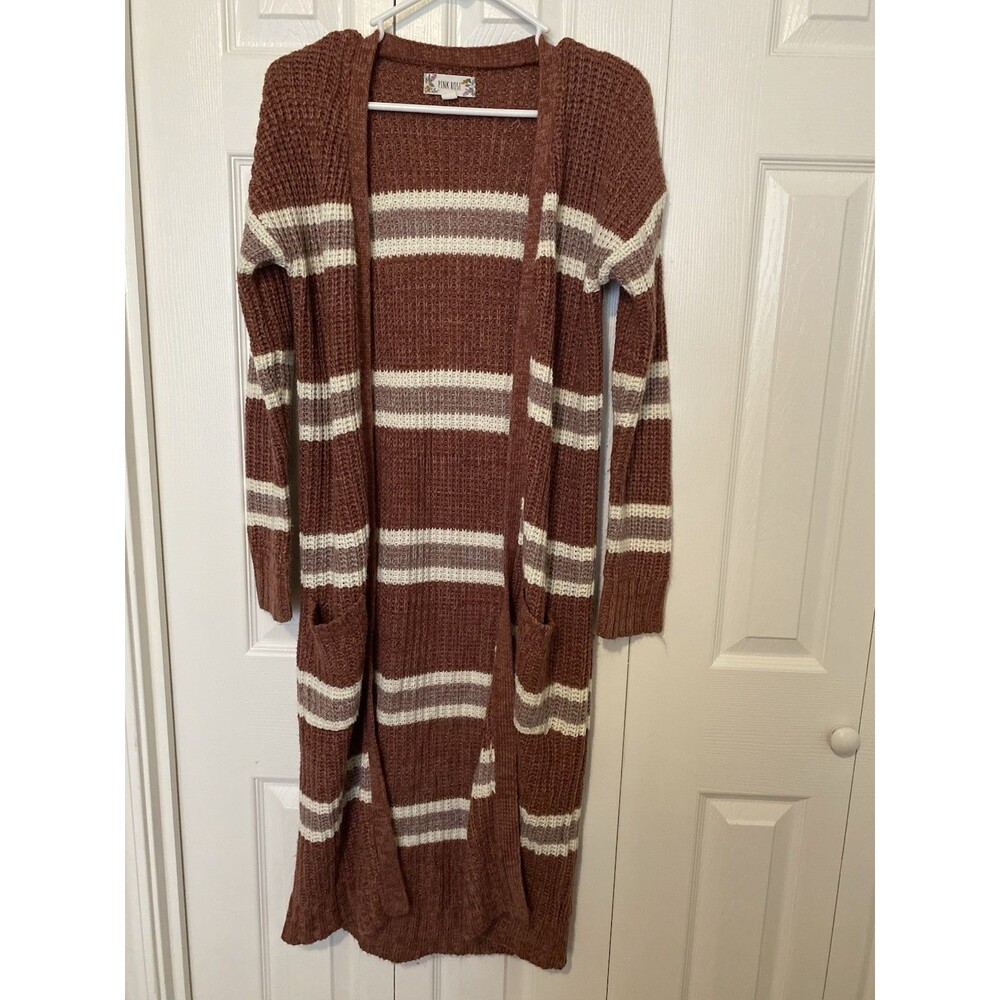 Boho Pink Rose  Long Cardigan In Burgundy And White Stripes Size  Medium